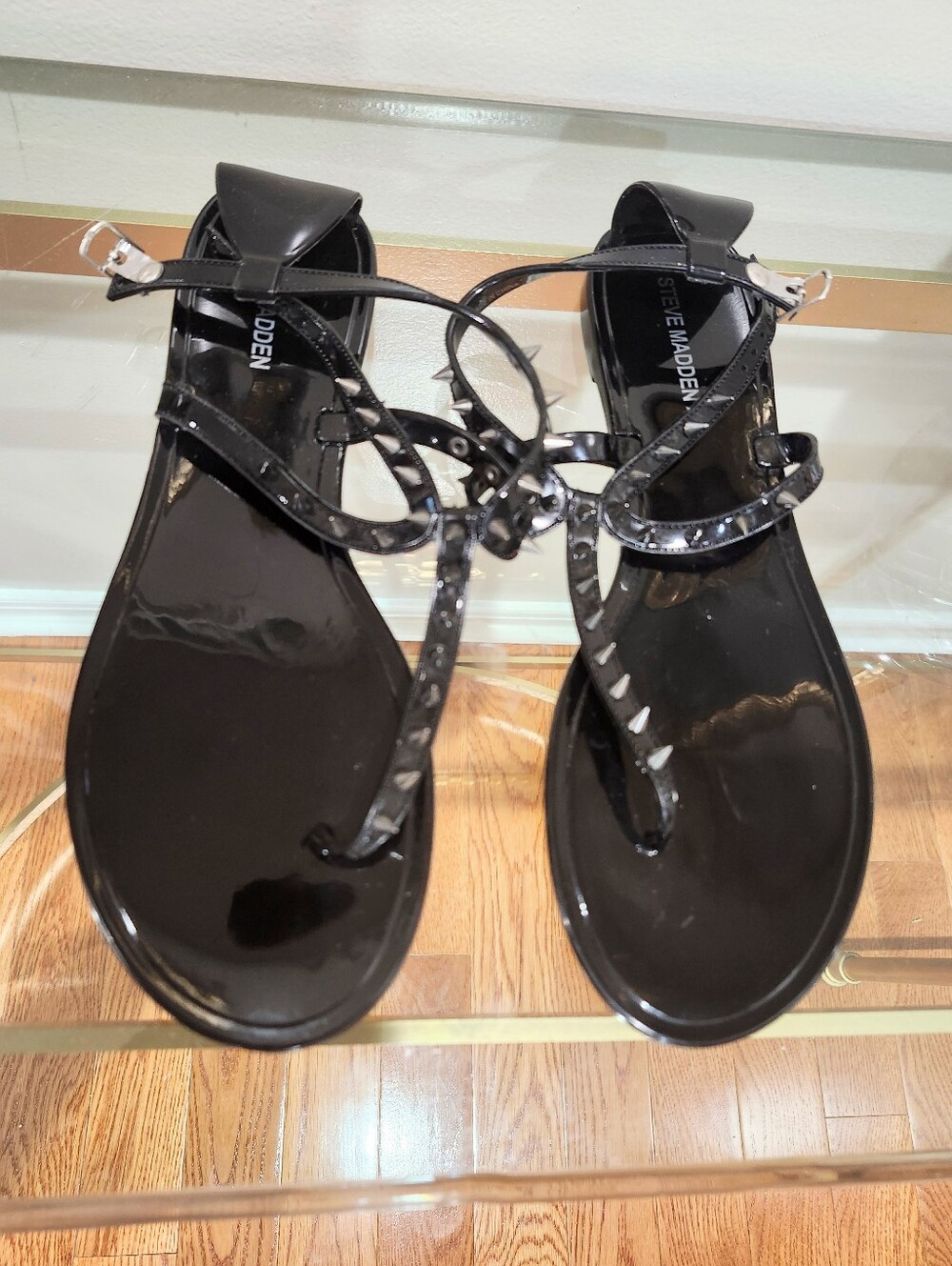 Steve Madden Black Patent Strappy Flat Studded Jelly Sandals